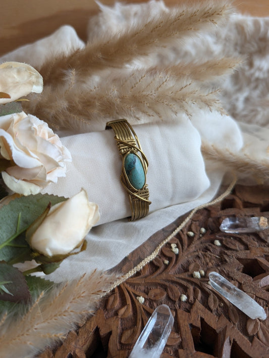 Chrysocolla wirewrap bracelet on brass wire, the wise woman's stone of soft strength