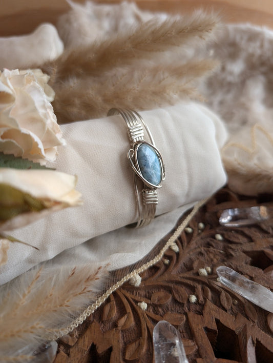 Larimar bracelet showing Caribbean blue color, the stone of the divine feminine and soft power