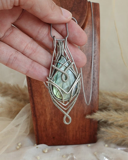 Detail of silver-plated wirework holding the labradorite gemstone