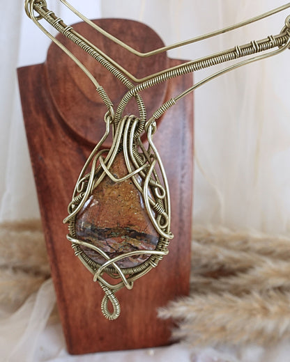 Ocean Jasper VÏ necklace styled on neck — Rikst Jewelry handmade piece