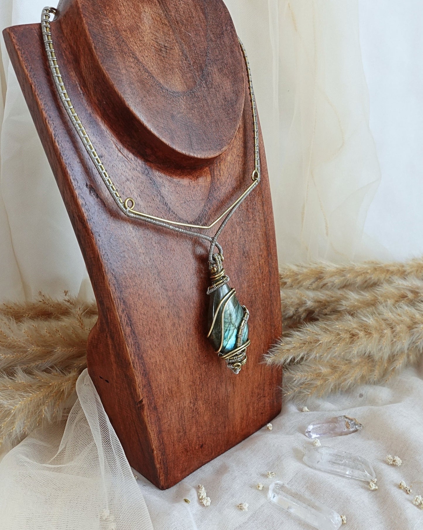 Delicate Labradorite VÏ necklace styled on neck — Rikst Jewelry handmade piece