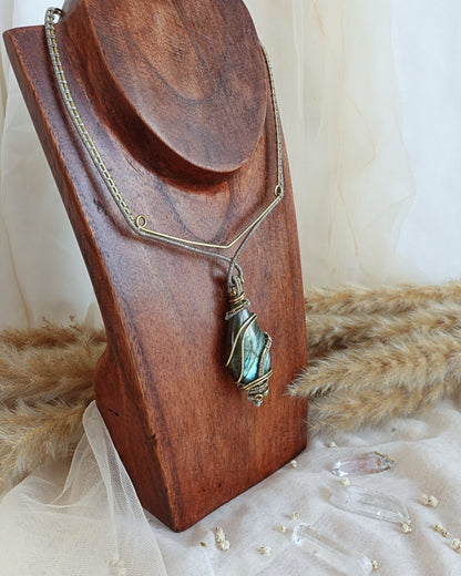 Delicate Labradorite VÏ necklace styled on neck — Rikst Jewelry handmade piece