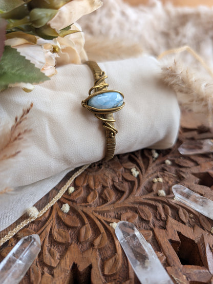 Handmade ZÏ larimar bracelet on brass wire — front view