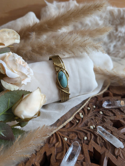 Handmade chrysocolla bracelet on brass wire — front view